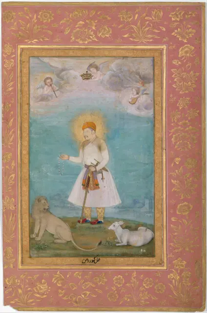 "Akbar With Lion and Calf", Folio from the Shah Jahan Album — تصویر رکورد موزهٔ متروپولیتن (دسترسی آزاد)