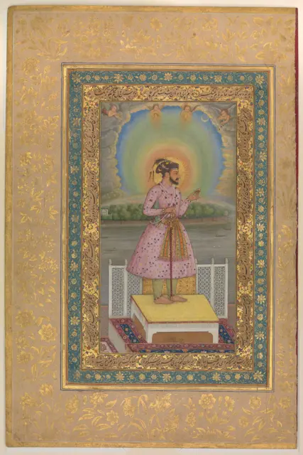 "Shah Jahan on a Terrace, Holding a Pendant Set With His Portrait", Folio from the Shah Jahan Album — تصویر رکورد موزهٔ متروپولیتن (دسترسی آزاد)