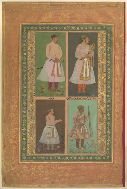 "Four Portraits: (upper left) A Raja (Perhaps Raja Sarang Rao), by Balchand; (upper right) 'Inayat Khan, by Daulat; (lower left) 'Abd al-Khaliq, probably by Balchand; (lower right) Jamal Khan Qaravul, by Murad", Folio from the Shah Jahan Album — تصویر رکورد موزهٔ متروپولیتن (دسترسی آزاد)