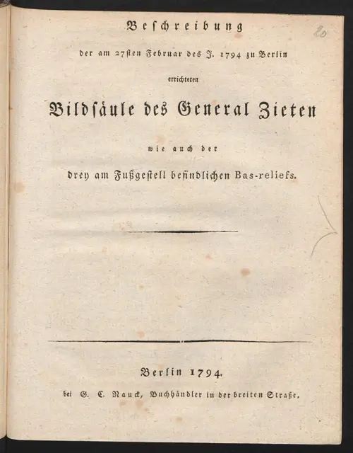 Beschreibung der am 27sten Februar des J. 1794 zu Berlin errichteten Bildsäule des General Zieten wie auch der drey am Fußgestell befindlichen Bas-reliefs — تصویر رکورد ویکی‌داده
