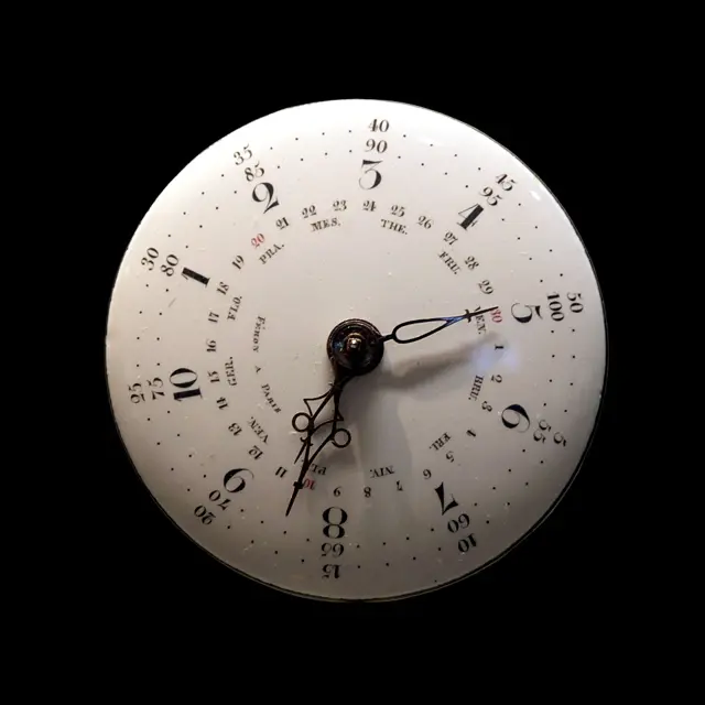 Watch movement with decimal time, Republican calendar with perpetual day of the month. — تصویر رکورد ویکی‌داده