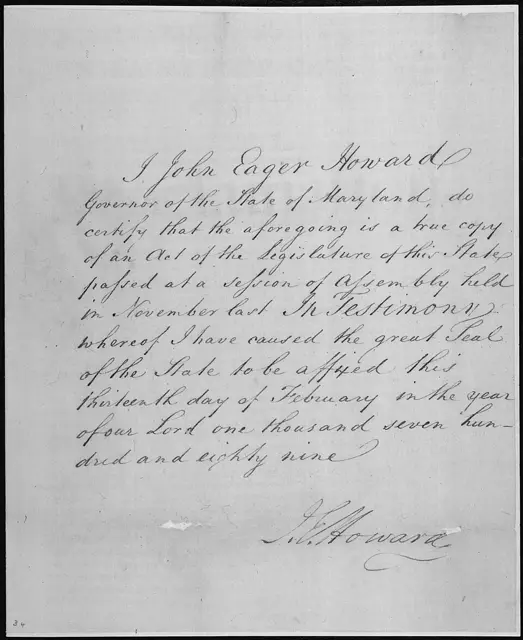 Certification of an Act of the Maryland Legislature by Governor John Eager Howard — تصویر رکورد ویکیداده