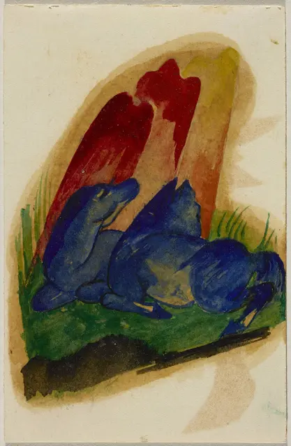 Two blue horses in front of a red rock — تصویر رکورد ویکیداده