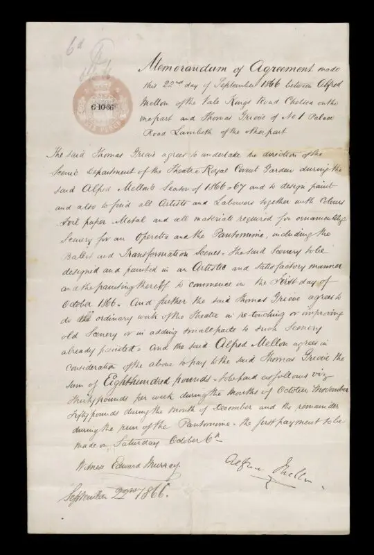 Contract: Memorandum of Agreement between Alfred Mellon and Thomas Grieve, 1866 — تصویر رکورد موزهٔ ویکتوریا و آلبرت