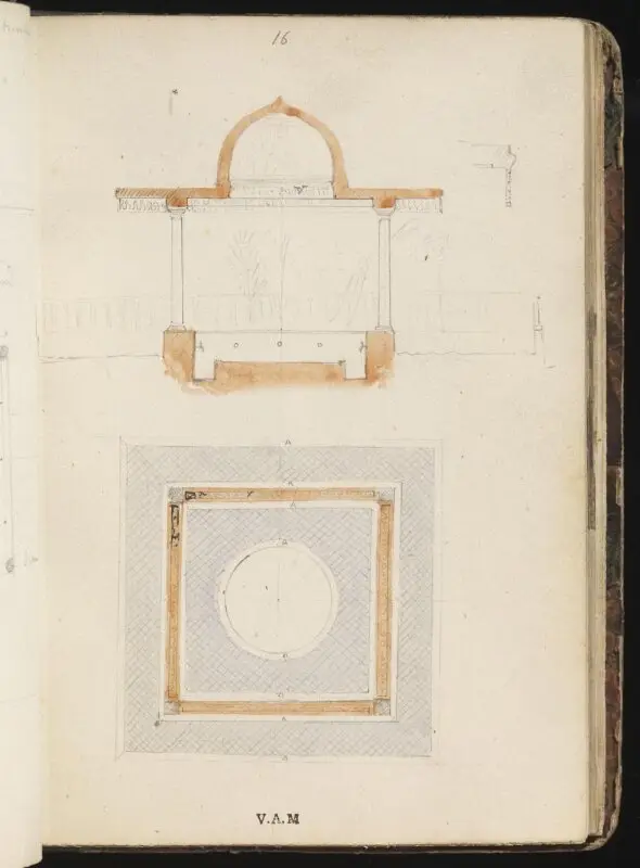 Sketchbook: Plan of fountain in the courtyard of the Takiyya of Sultan Mahmud II, Cairo — تصویر رکورد موزهٔ ویکتوریا و آلبرت