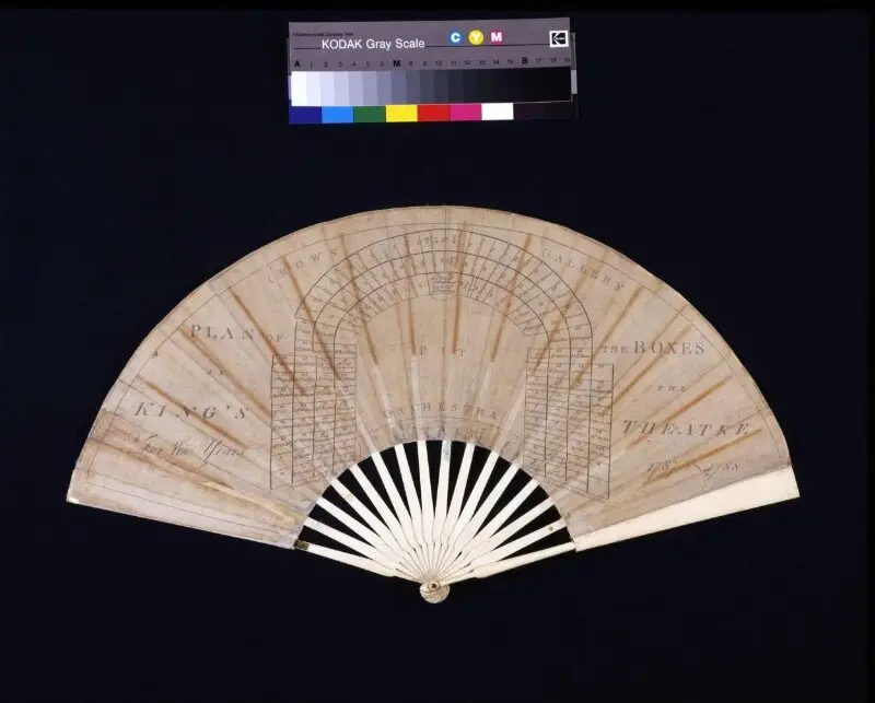 Fan: Fan printed with a plan of the boxes and names of the subscribers for the 1787 and 1788 seasons at the King's Theatre — تصویر رکورد موزهٔ ویکتوریا و آلبرت