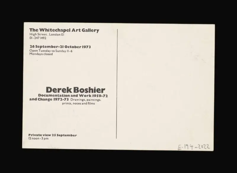 Postcard: Derek Boshier. 'Documentation and Work 1959-1972 — تصویر رکورد موزهٔ ویکتوریا و آلبرت