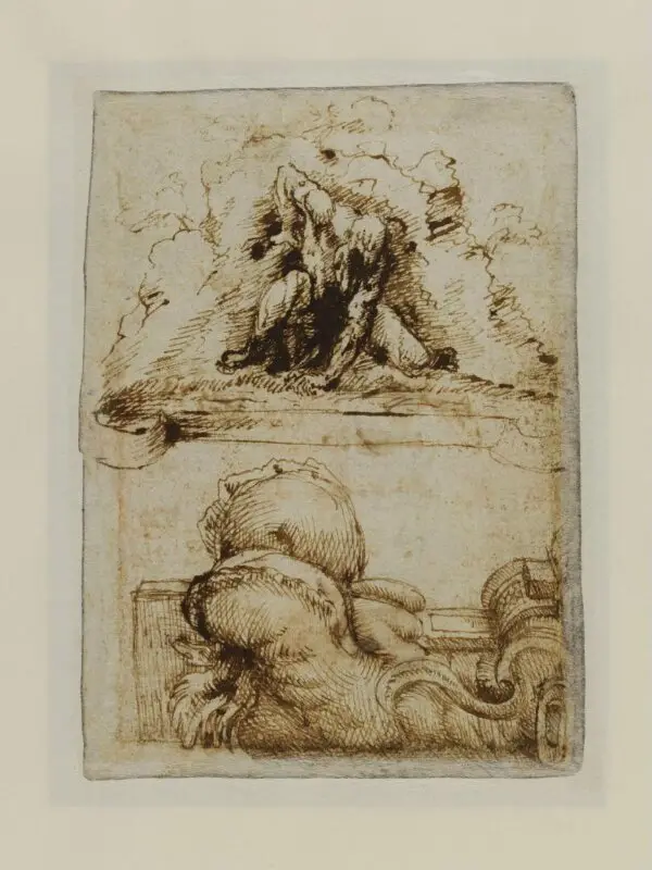 Drawing: Studies of modelli for sculptural projects by Giambologna, on the front the Apennine and detail from the base of the fountain of Samson and on the back a fountain, possibly with the figure of Neptune — تصویر رکورد موزهٔ ویکتوریا و آلبرت