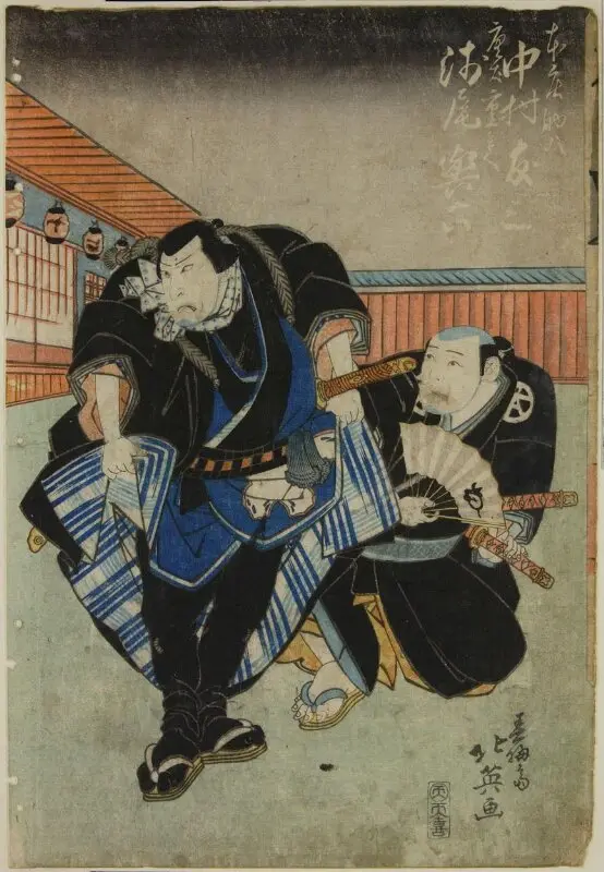 Woodblock print: Actors Nakamura Tomosa as Honjō Sukehachi and Asao Yoroku as Tōken Jūbei — تصویر رکورد موزهٔ ویکتوریا و آلبرت