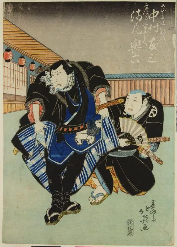 Woodblock print: Actors Nakamura Tomosa as Honjō Sukehachi and Asao Yoroku as Tōken Jūbei — تصویر رکورد موزهٔ ویکتوریا و آلبرت