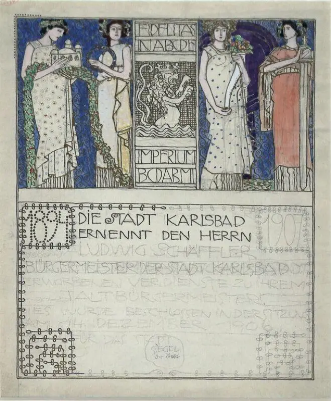 Watercolour: Design for a document for presentation to a mayor of Karlsbad — تصویر رکورد موزهٔ ویکتوریا و آلبرت
