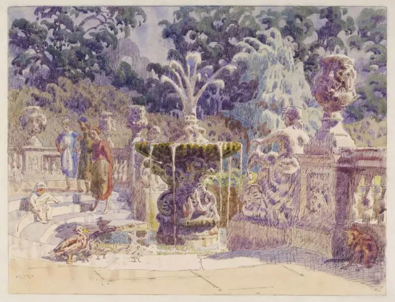 Watercolour: Fountain in Kensington Gardens — تصویر رکورد موزهٔ ویکتوریا و آلبرت