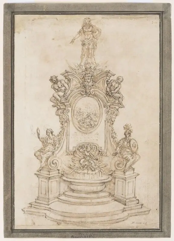 Drawing: Design for a monument in the form of a fountain, with a figure of a prince or commander standing on a high pedestal decorated, trophies, catives and allegorical figures — تصویر رکورد موزهٔ ویکتوریا و آلبرت