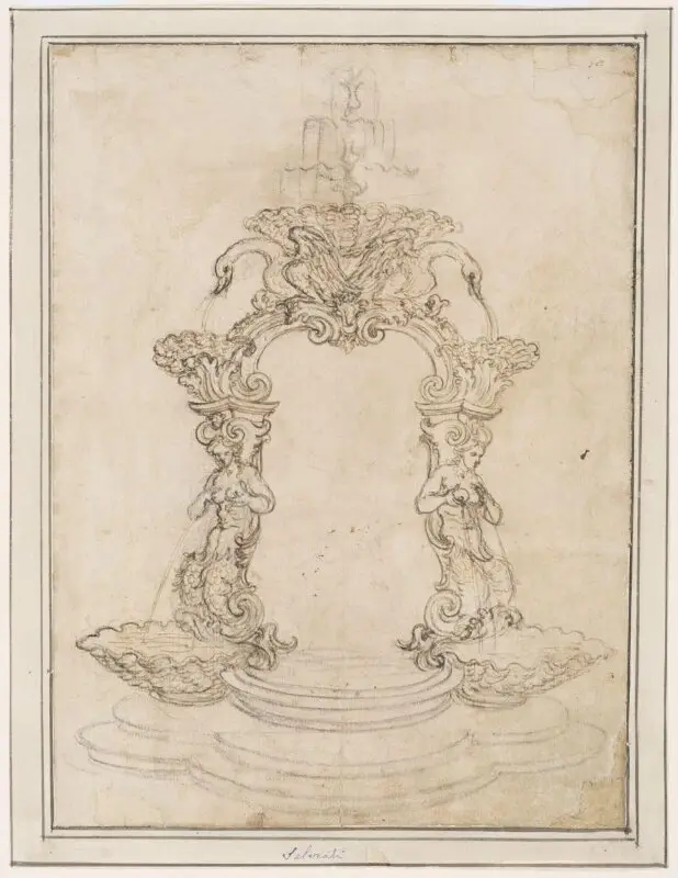 Drawing: Design for a fountain in the form of an arch supported by mermaids — تصویر رکورد موزهٔ ویکتوریا و آلبرت