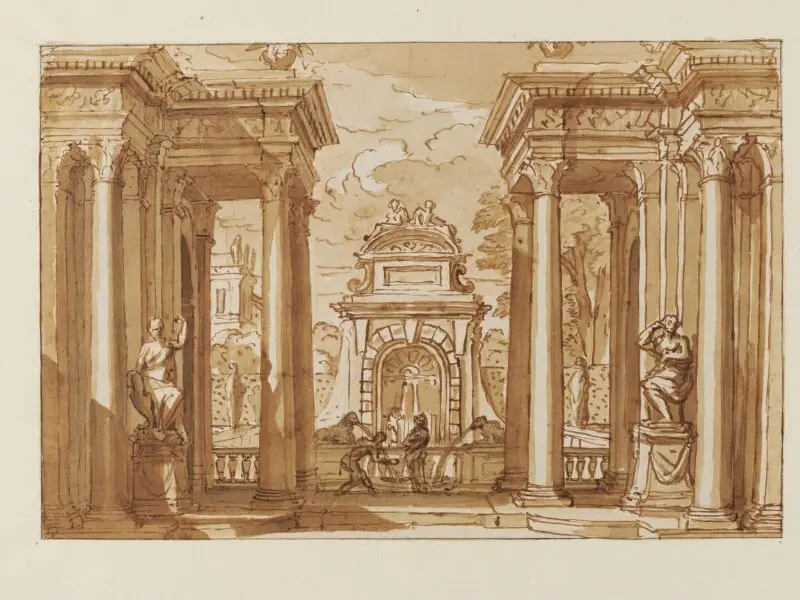 Drawing: View of a fountain beyond a colonnade, with two figures — تصویر رکورد موزهٔ ویکتوریا و آلبرت