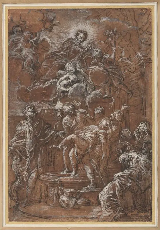 Drawing: Swooning female figure being raised from the basin of a fountain — تصویر رکورد موزهٔ ویکتوریا و آلبرت