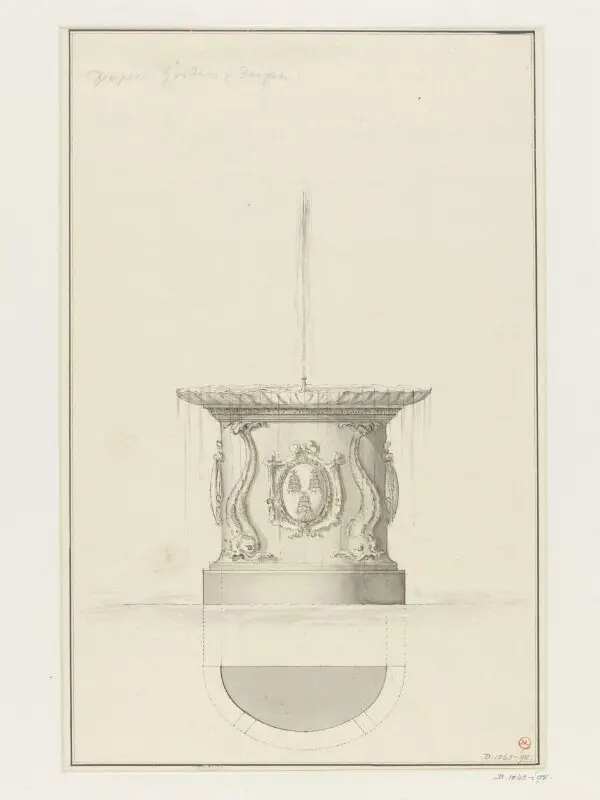 Drawing: Drawing of fountain in Draper's Gardens — تصویر رکورد موزهٔ ویکتوریا و آلبرت
