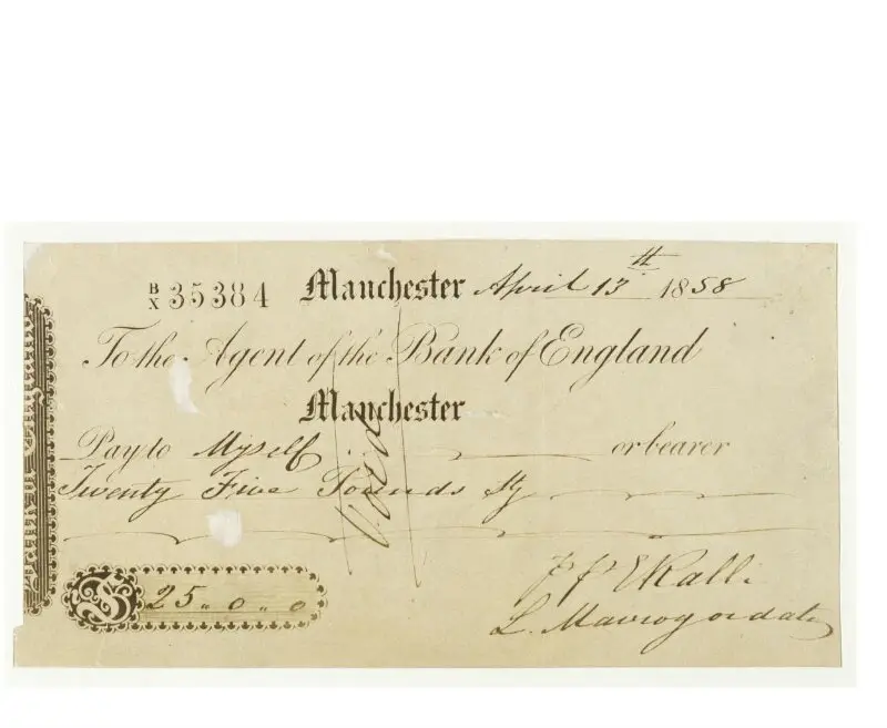 Photograph: Bank cheque dated 13 April 1858 — تصویر رکورد موزهٔ ویکتوریا و آلبرت