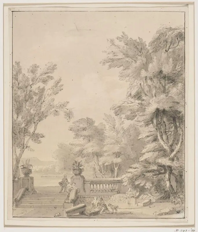 Drawing: Classical Garden Scene with Figures Beside a Basin and a Fountain Pool Fed by a Statue of a River God — تصویر رکورد موزهٔ ویکتوریا و آلبرت