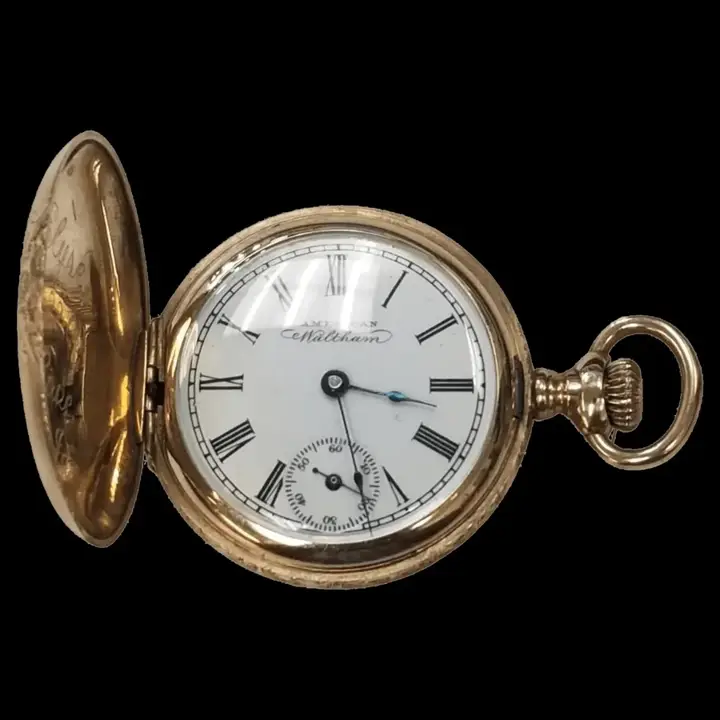 14k yellow gold American Waltham hand engraved pocket watch with white dial – 1900 — عکس ۱ از رکورد آرشیو WatchMuseum