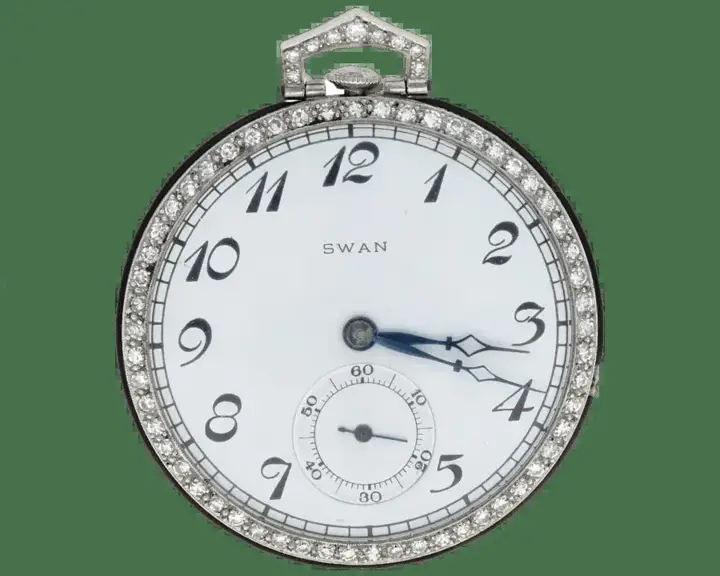 British Swan Platinum Diamond Enamel Pocket Watch – 20th Century — عکس ۱ از رکورد آرشیو WatchMuseum