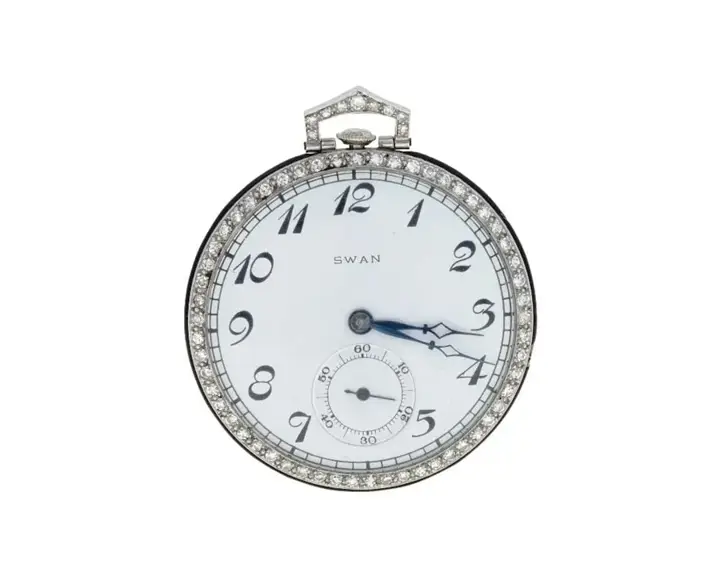 British Swan Platinum Diamond Enamel Pocket Watch – 20th Century — عکس ۲ از رکورد آرشیو WatchMuseum
