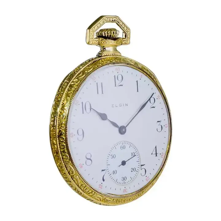 Elgin Yellow Gold Filled Art Deco Hand Engraved Pocket Watch – 1918 — عکس ۲ از رکورد آرشیو WatchMuseum