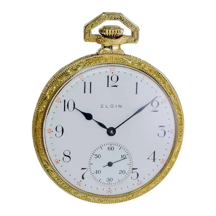 Elgin Yellow Gold Filled Art Deco Hand Engraved Pocket Watch – 1918 — عکس ۳ از رکورد آرشیو WatchMuseum