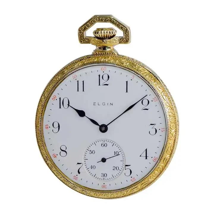 Elgin Yellow Gold Filled Art Deco Hand Engraved Pocket Watch – 1918 — عکس ۴ از رکورد آرشیو WatchMuseum