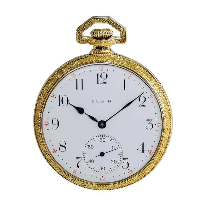 Elgin Yellow Gold Filled Art Deco Hand Engraved Pocket Watch – 1918 — عکس ۵ از رکورد آرشیو WatchMuseum