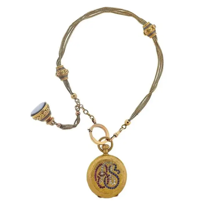 French 18 Karat Gold Semi Pocket Watch Agate Fob – 19th Century — عکس ۲ از رکورد آرشیو WatchMuseum