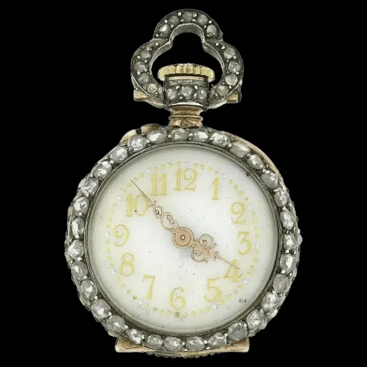 French 18k Gold 3.25ctw Rose Cut Diamond Covered Pocket Watch Pendant – 1870 — عکس ۱ از رکورد آرشیو WatchMuseum
