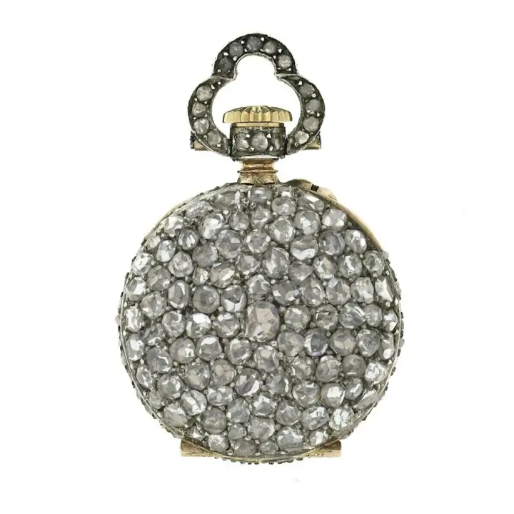 French 18k Gold 3.25ctw Rose Cut Diamond Covered Pocket Watch Pendant – 1870 — عکس ۲ از رکورد آرشیو WatchMuseum