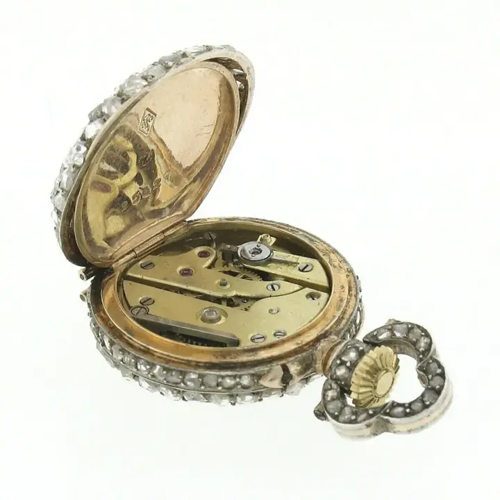 French 18k Gold 3.25ctw Rose Cut Diamond Covered Pocket Watch Pendant – 1870 — عکس ۵ از رکورد آرشیو WatchMuseum