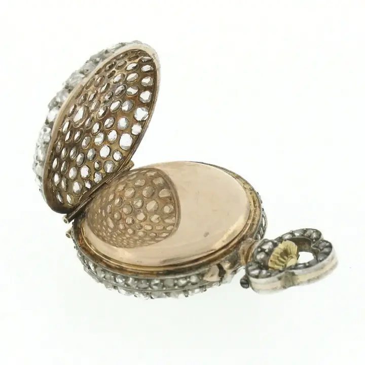 French 18k Gold 3.25ctw Rose Cut Diamond Covered Pocket Watch Pendant – 1870 — عکس ۶ از رکورد آرشیو WatchMuseum