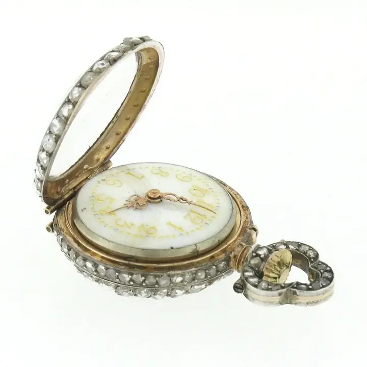 French 18k Gold 3.25ctw Rose Cut Diamond Covered Pocket Watch Pendant – 1870 — عکس ۷ از رکورد آرشیو WatchMuseum