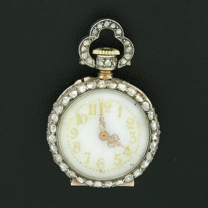 French 18k Gold 3.25ctw Rose Cut Diamond Covered Pocket Watch Pendant – 1870 — عکس ۸ از رکورد آرشیو WatchMuseum