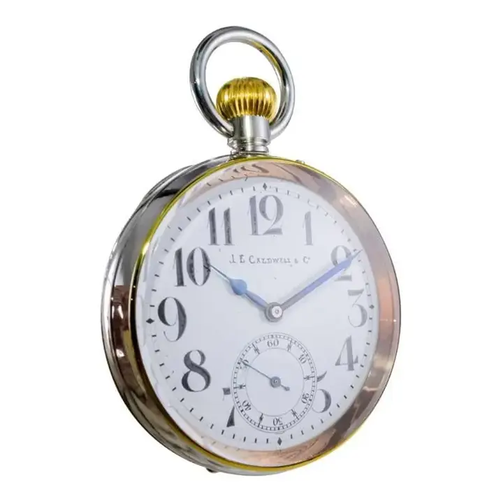 J.E Caldwaell & Co. Nickel Silver Oversized Pocket Watch with Enamel Dial – 1915 — عکس ۲ از رکورد آرشیو WatchMuseum