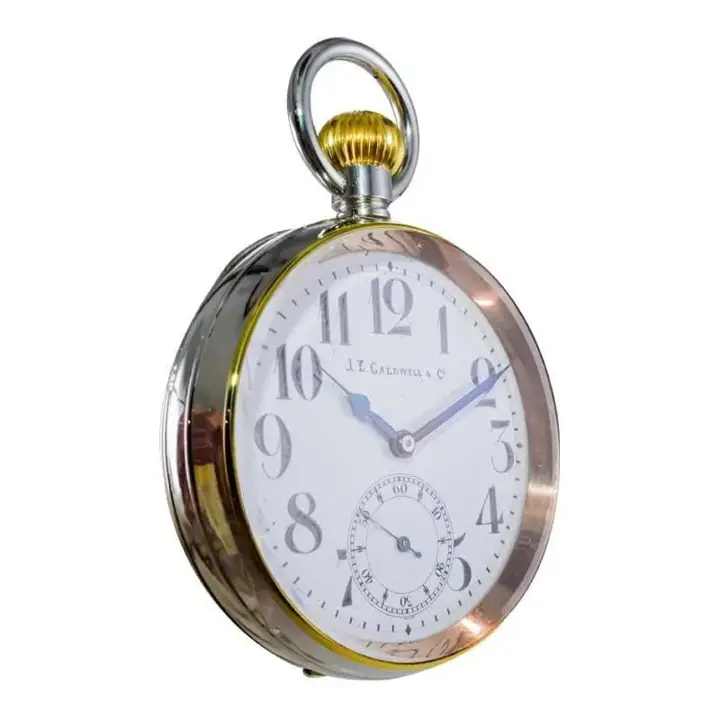 J.E Caldwaell & Co. Nickel Silver Oversized Pocket Watch with Enamel Dial – 1915 — عکس ۳ از رکورد آرشیو WatchMuseum