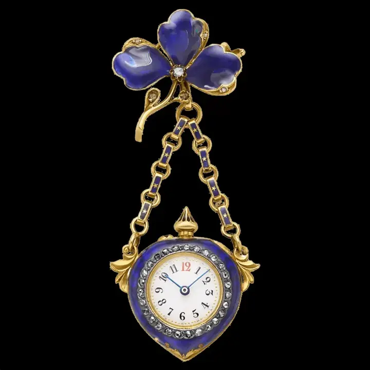 Late Victorian 14k Yellow Gold Blue Enamel & Diamond Detachable Watch Pin – 19th Century — عکس ۱ از رکورد آرشیو WatchMuseum