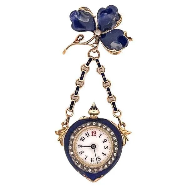Late Victorian 14k Yellow Gold Blue Enamel & Diamond Detachable Watch Pin – 19th Century — عکس ۲ از رکورد آرشیو WatchMuseum
