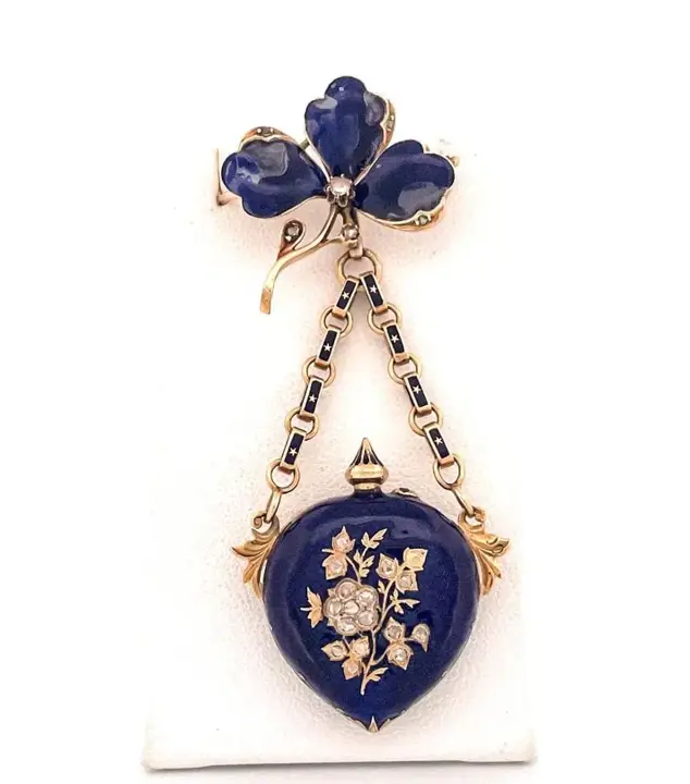 Late Victorian 14k Yellow Gold Blue Enamel & Diamond Detachable Watch Pin – 19th Century — عکس ۳ از رکورد آرشیو WatchMuseum