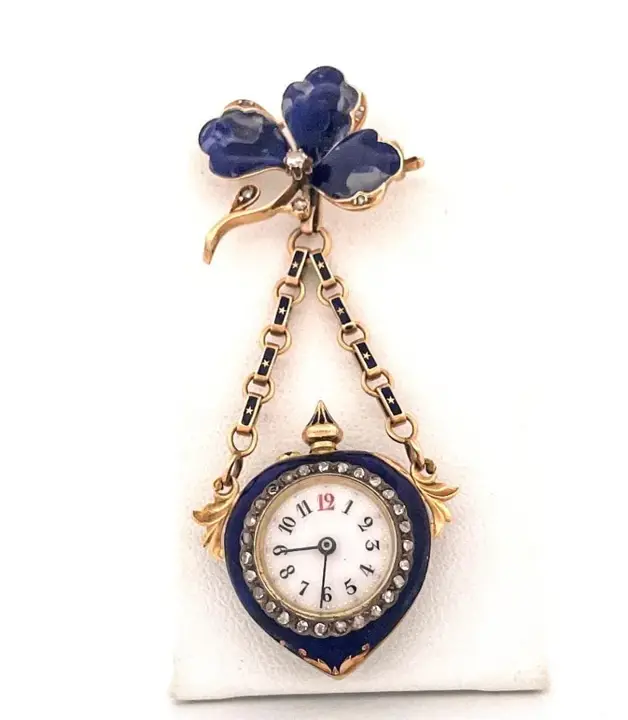 Late Victorian 14k Yellow Gold Blue Enamel & Diamond Detachable Watch Pin – 19th Century — عکس ۴ از رکورد آرشیو WatchMuseum