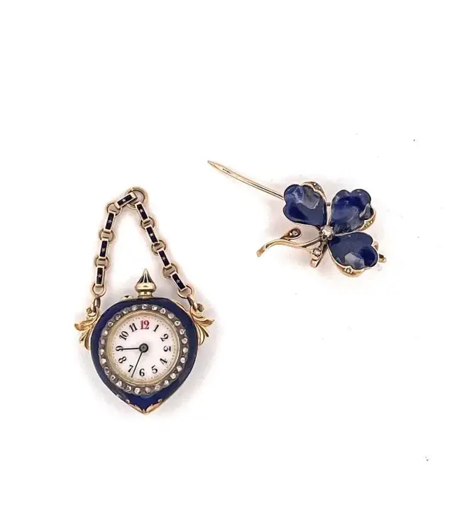 Late Victorian 14k Yellow Gold Blue Enamel & Diamond Detachable Watch Pin – 19th Century — عکس ۵ از رکورد آرشیو WatchMuseum