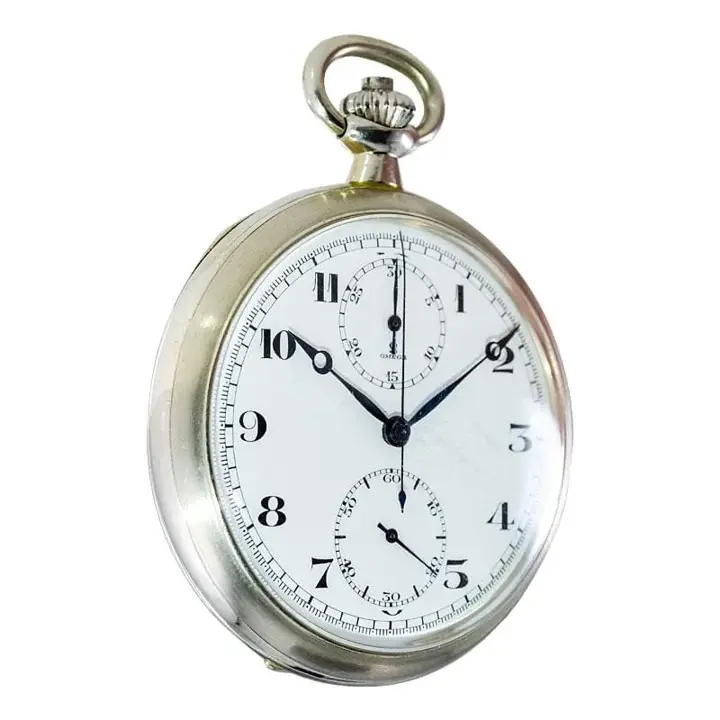 Omega Nickel Silver Enamel Dial Chronograph with Breguet Hands Military Issue – 1900s — عکس ۲ از رکورد آرشیو WatchMuseum