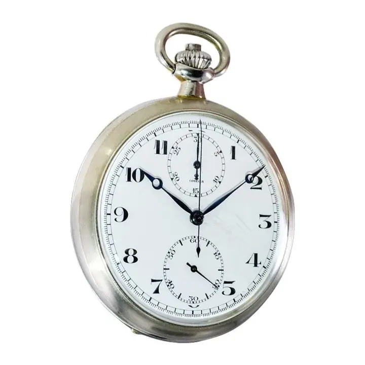 Omega Nickel Silver Enamel Dial Chronograph with Breguet Hands Military Issue – 1900s — عکس ۳ از رکورد آرشیو WatchMuseum